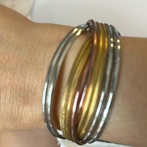 Tri coloured silver gold copper cuff bracelet